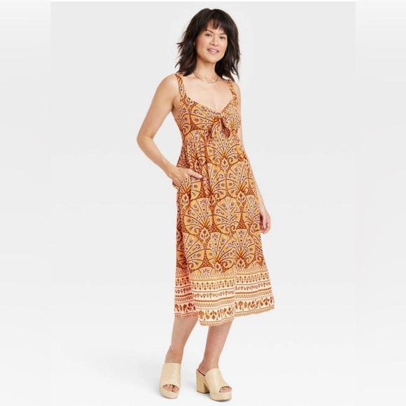 Knox Rose Boho Midi Dress Size XL Orange Brown Smocked  Sweetheart Side Pockets - Picture 1 of 12